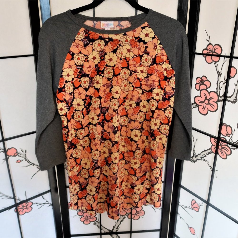LuLaRoe Orange Grey Long Sleeve Floral Shirt Medium